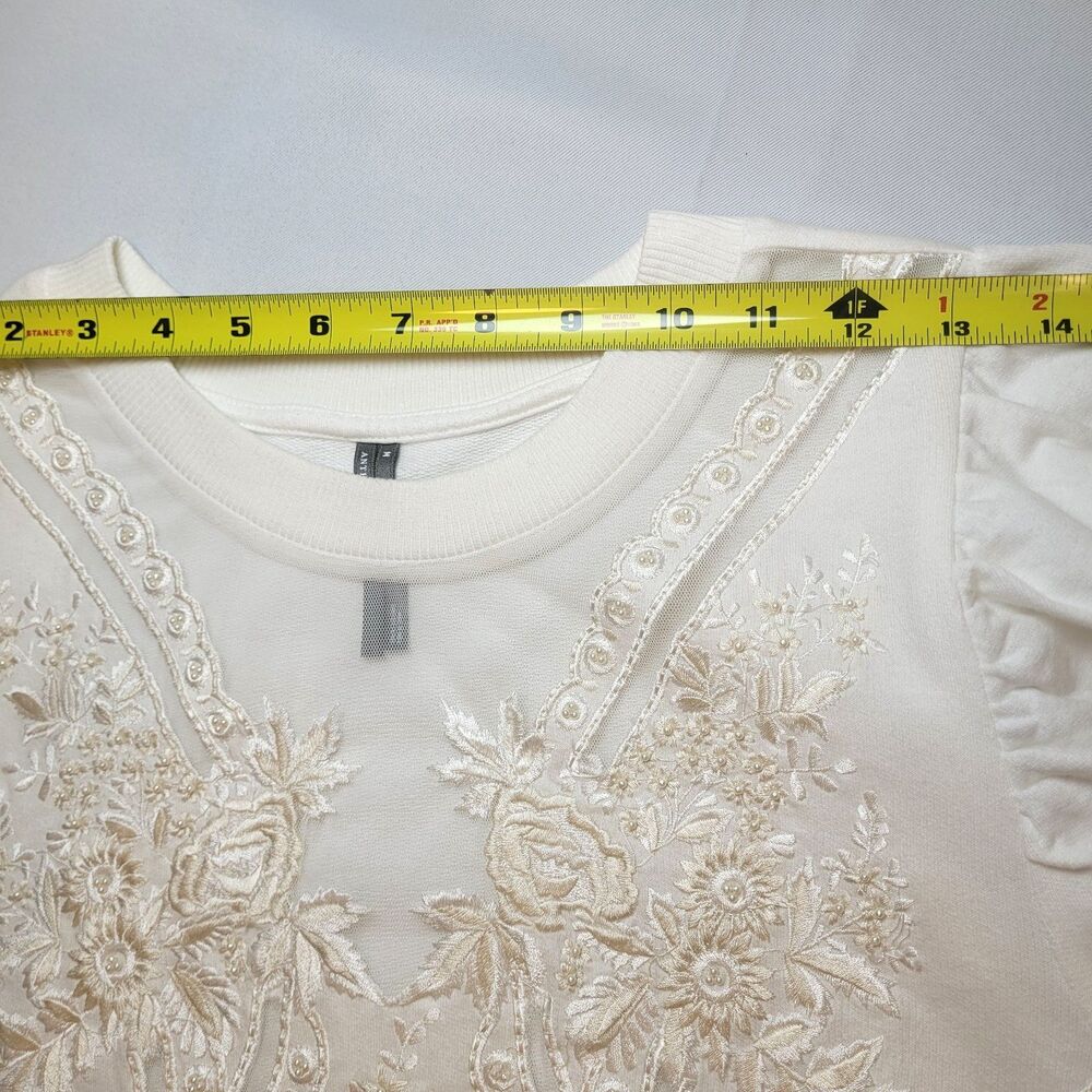 By Anthropologie Wmn Embroidered Beaded Puff Sleeve Sweatshirt Top Ivory Sz Med - Picture 11 of 13